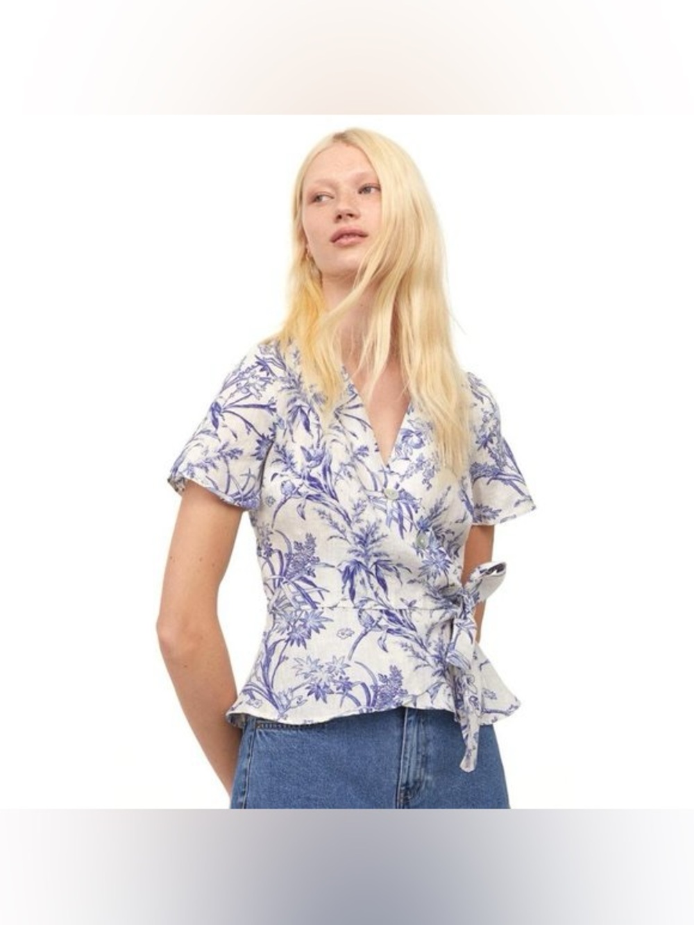H&M Womens Linen Wrap Blouse Top Size XS White Blue Buttons Short Sleeve